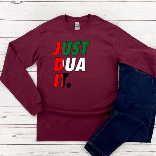 a maroon shirt with the words just dua it on it