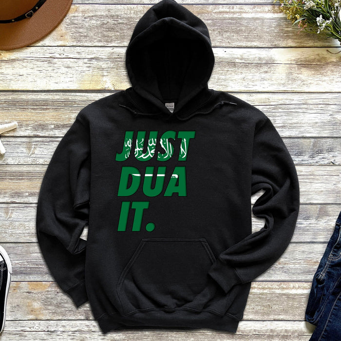 a black hoodie with green lettering on it