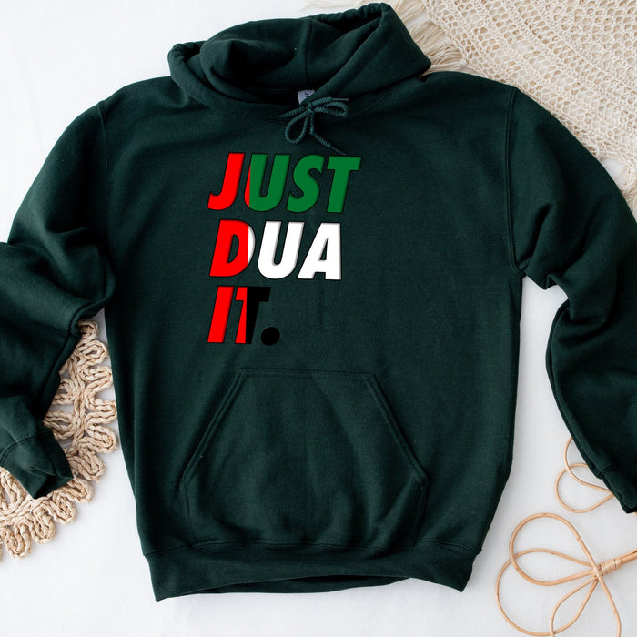 a green hoodie that says just dua it