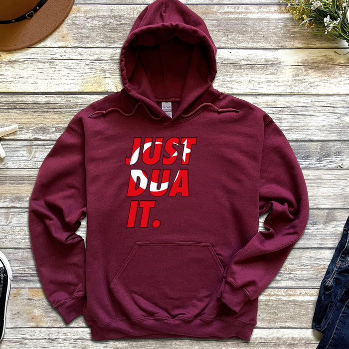 a maroon hoodie with the words just do it printed on it