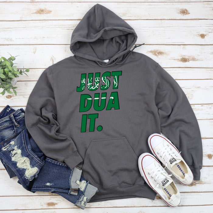 a gray sweatshirt with green lettering on it