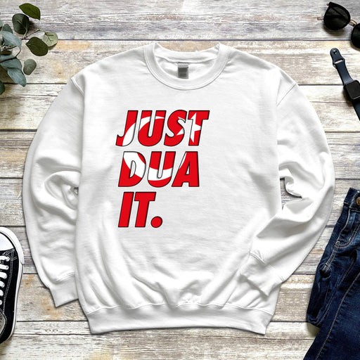 a white sweatshirt that says just do it on it