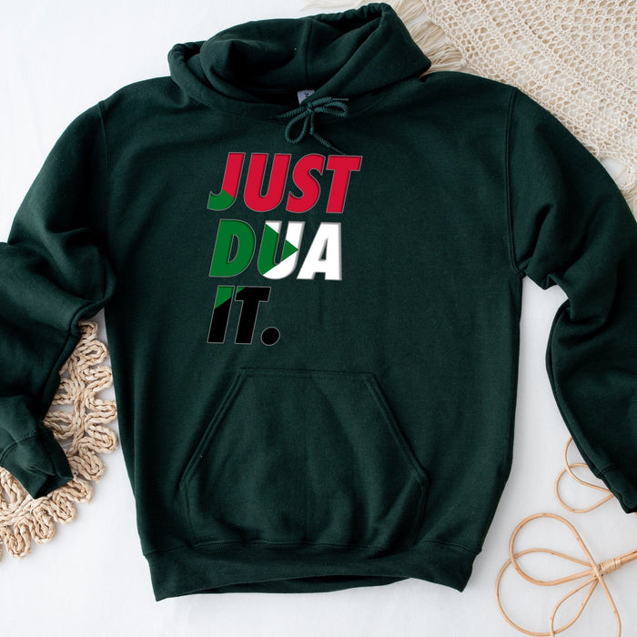 a green hoodie that says just doa it